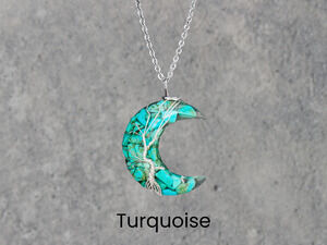 Turquoise Gemstone Tree of Life Crescent Moon Boho Silver Necklace